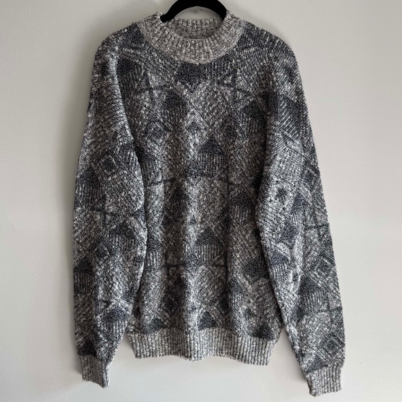 Vintage J.J. Blu Sweater Men’s Large Gray Geometric Cotton Knit 90s Pullover - Picture 1 of 6